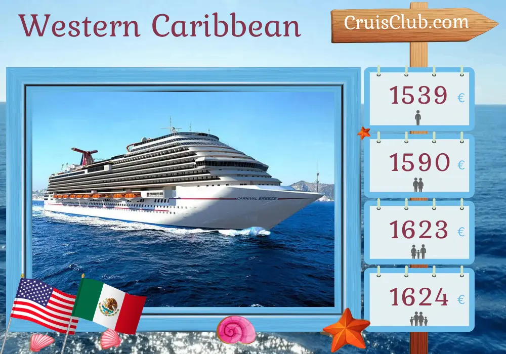 Cruise in the Western Caribbean from Galveston aboard Carnival Breeze ship with visits to USA and Mexico for 6 days