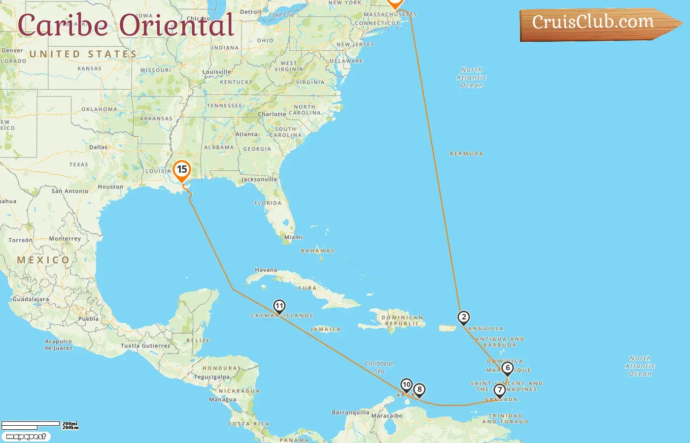 Cruzeiro no Caribe Oriental de Boston para Nova Orleans a bordo do navio Norwegian Breakaway com visitas aos Estados Unidos, Santa Lúcia, Granada, Curaçao, Aruba e Ilhas Cayman por 15 dias