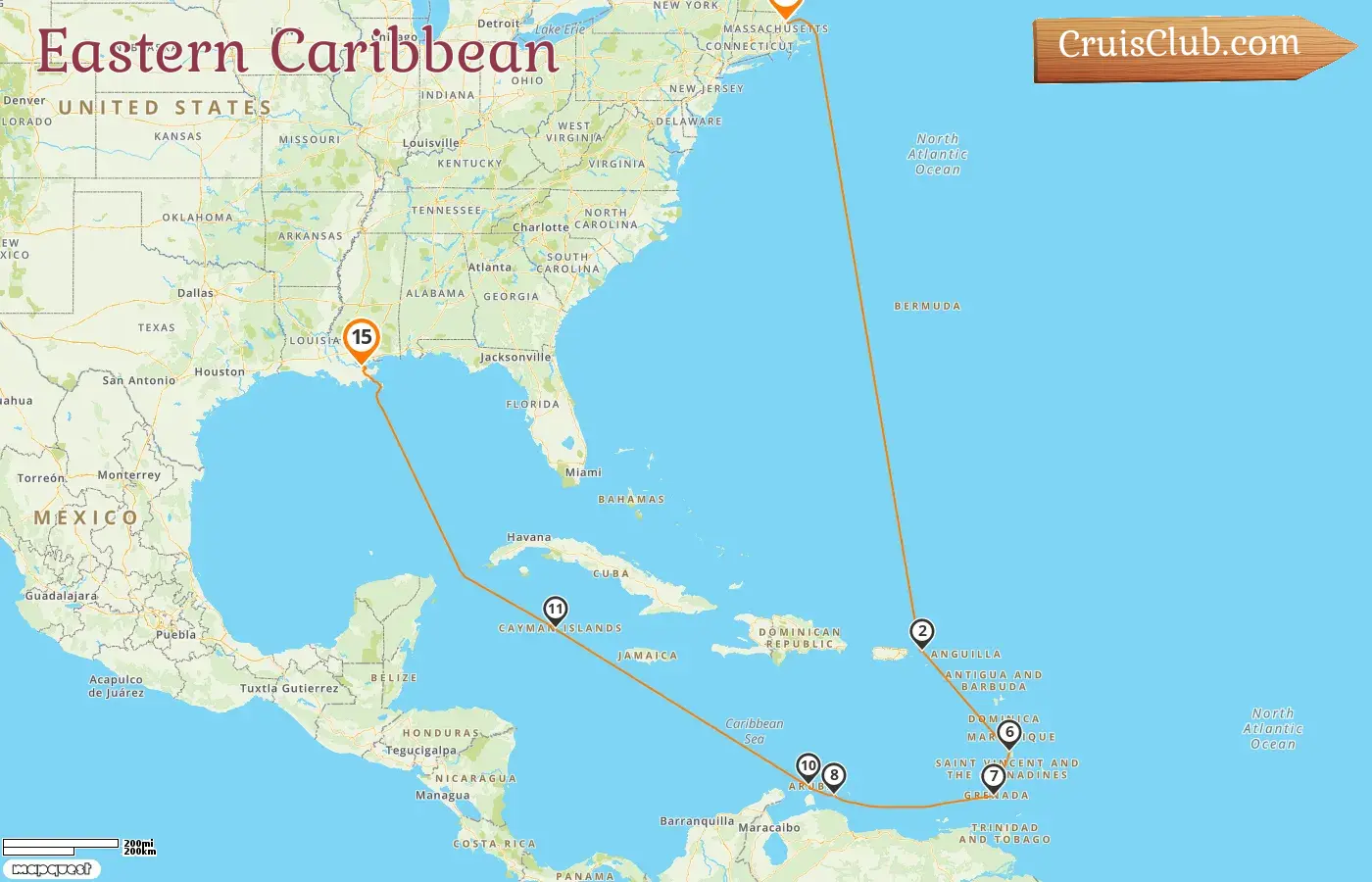 Cruise in the Eastern Caribbean from Boston to New Orleans aboard Norwegian Breakaway ship with visits to USA, Saint Lucia, Grenada, Curaçao, Aruba, and Cayman Islands for 15 days