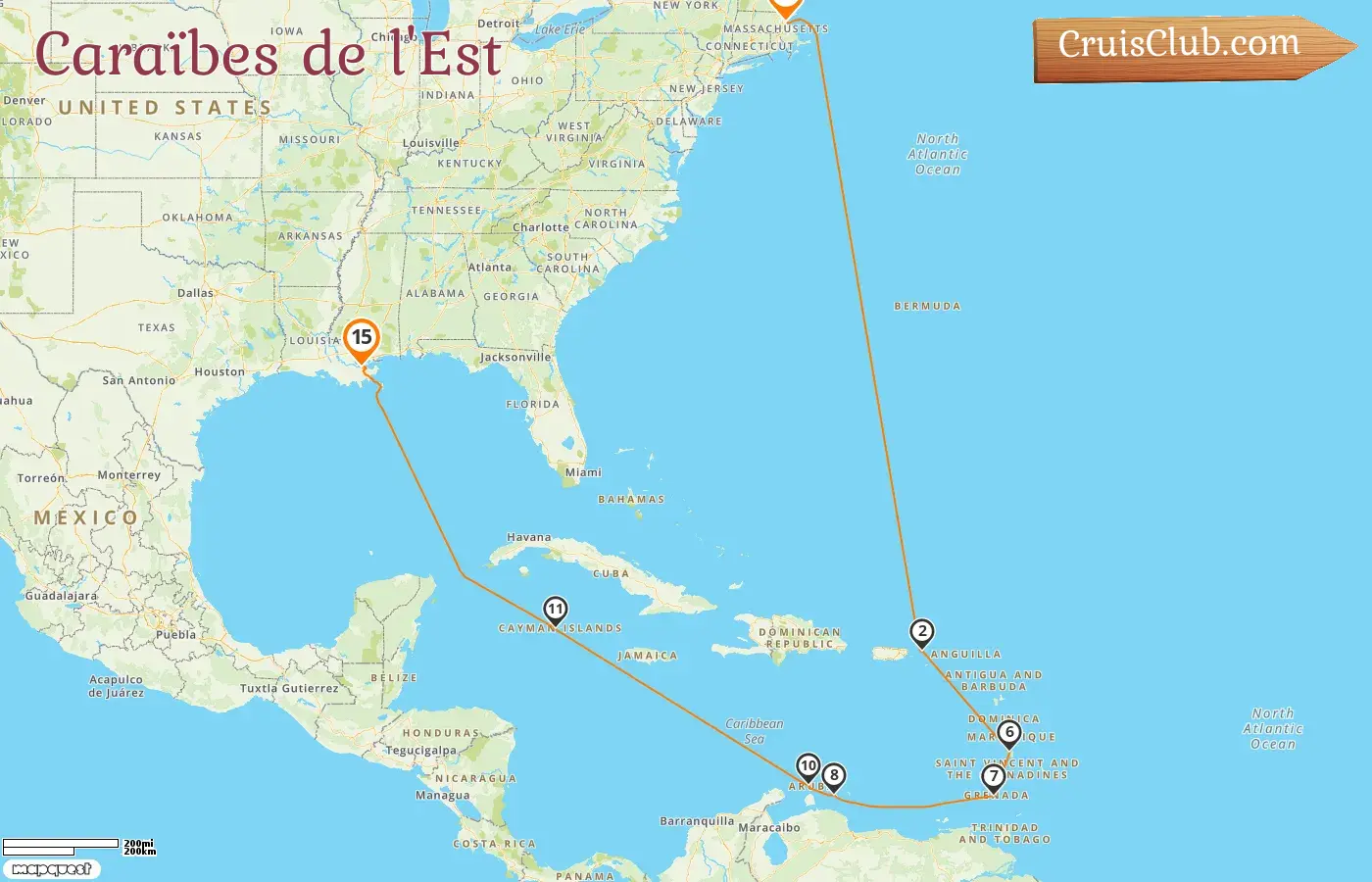 Croisière dans les Caraïbes orientales de Boston à La Nouvelle-Orléans à bord du navire Norwegian Breakaway avec des visites aux États-Unis, à Sainte-Lucie, à la Grenade, à Curaçao, à Aruba et aux Îles Caïmans pendant 15 jours