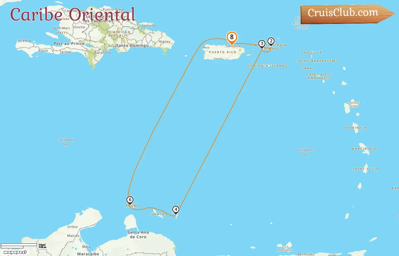 Crucero por el Caribe Oriental desde Saint John a bordo del barco Norwegian Prima con visitas a Puerto Rico, Islas Vírgenes Británicas y Aruba durante 8 días