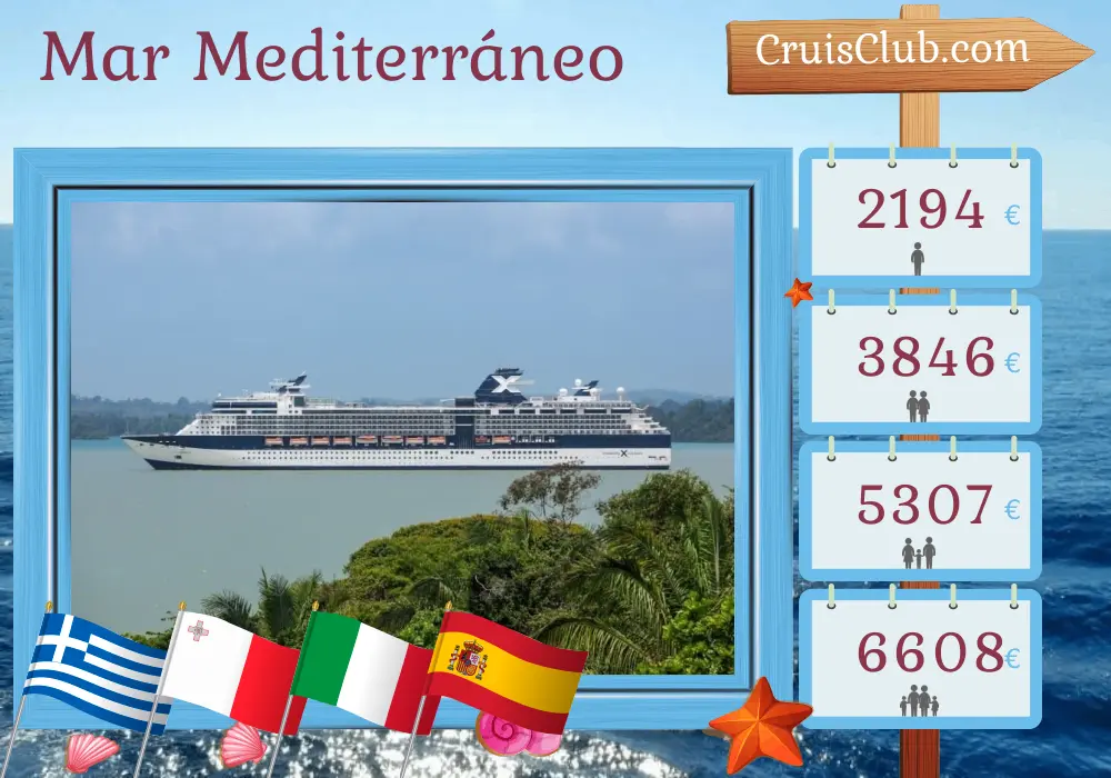 Crucero por el Mediterráneo desde El Pireo hasta Barcelona a bordo del barco Celebrity Infinity con visitas a Grecia, Turquía, Malta, Italia y España durante 13 días