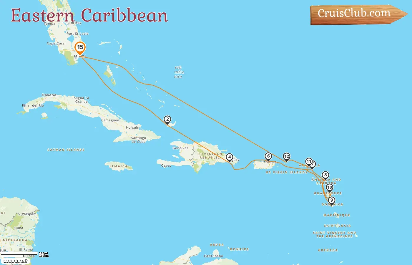 Cruise in the Eastern Caribbean from Miami aboard MS EUROPA 2 ship with visits to USA, Bahamas, Puerto Rico, Saint Barthélemy, Guadeloupe, Saint Martin, and British Virgin Islands for 15 days