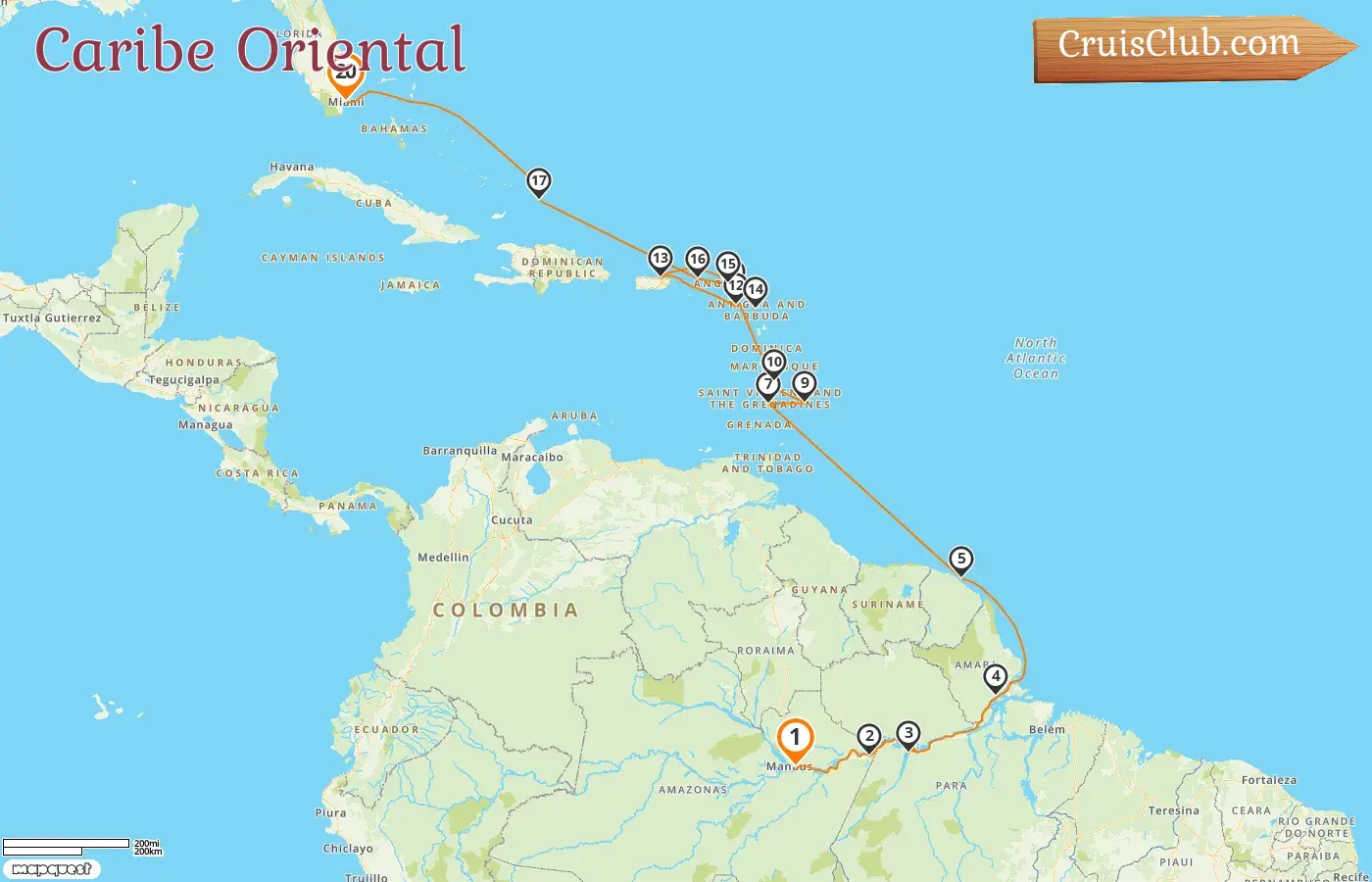 Crucero en el Caribe Oriental de Manaus a Miami a bordo del barco EXPLORA I con visitas a Brasil, Guayana Francesa, San Vicente y las Granadinas, Barbados, San Bartolomé, Puerto Rico, Islas Vírgenes Británicas y Estados Unidos durante 20 días
