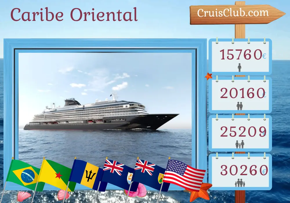 Crucero en el Caribe Oriental de Manaus a Miami a bordo del barco EXPLORA I con visitas a Brasil, Guayana Francesa, San Vicente y las Granadinas, Barbados, San Bartolomé, Puerto Rico, Islas Vírgenes Británicas y Estados Unidos durante 20 días