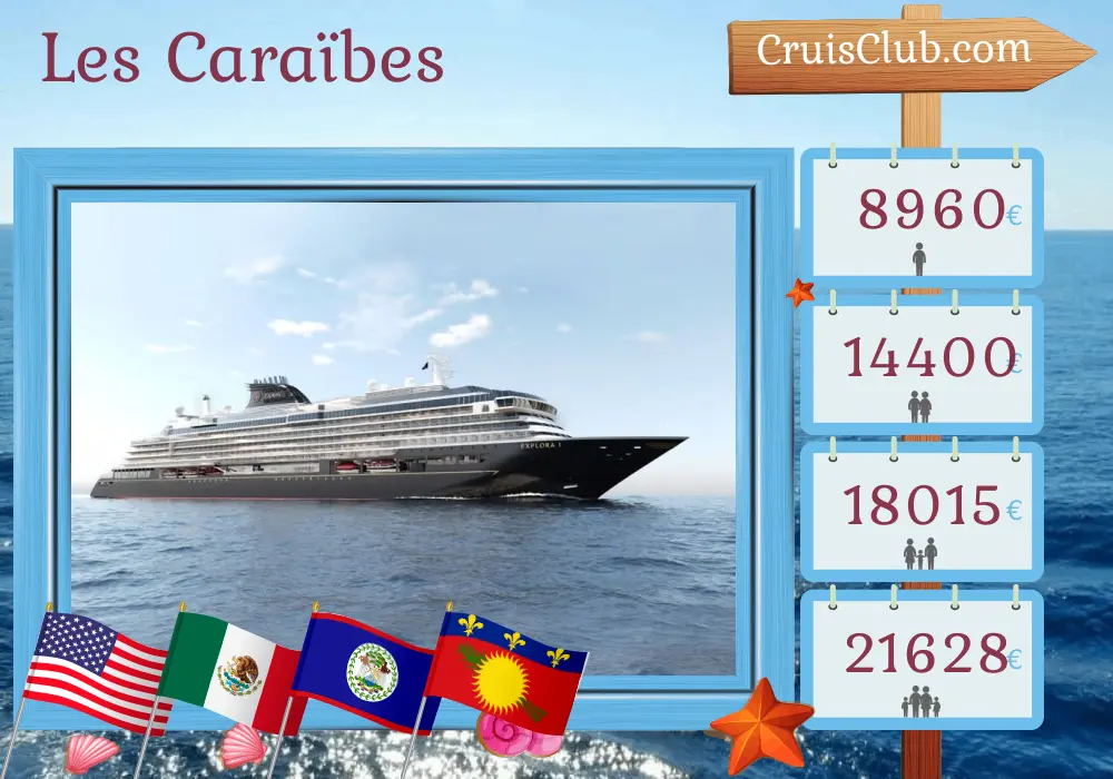 Croisière dans les Caraïbes de Miami à Saint-John à bord du navire EXPLORA I avec des visites aux États-Unis, au Mexique, au Guatemala, au Belize, au Honduras, en Guadeloupe et à Porto Rico pendant 16 jours