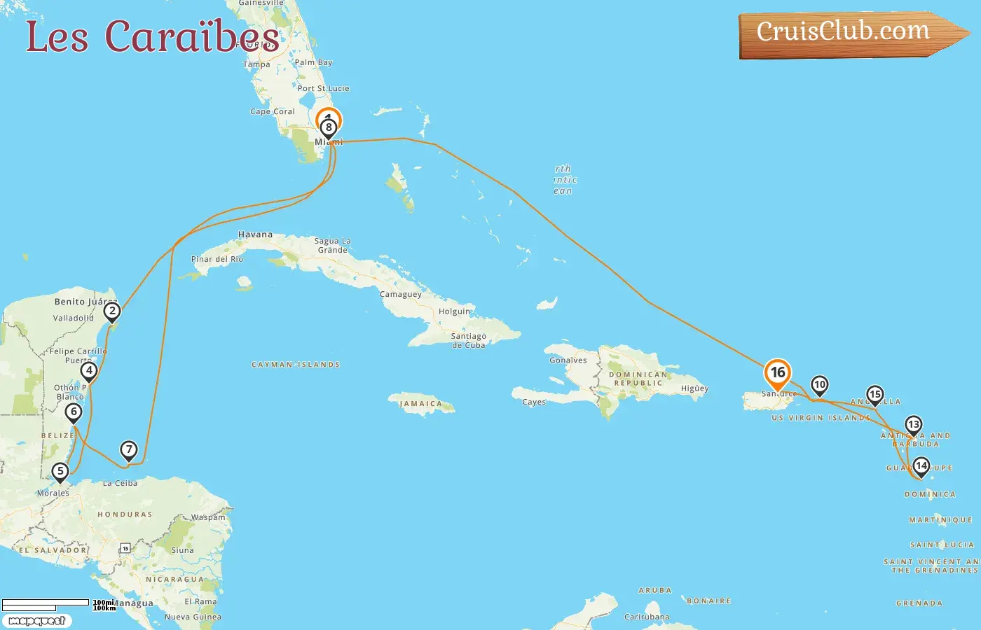 Croisière dans les Caraïbes de Miami à Saint-John à bord du navire EXPLORA I avec des visites aux États-Unis, au Mexique, au Guatemala, au Belize, au Honduras, en Guadeloupe et à Porto Rico pendant 16 jours