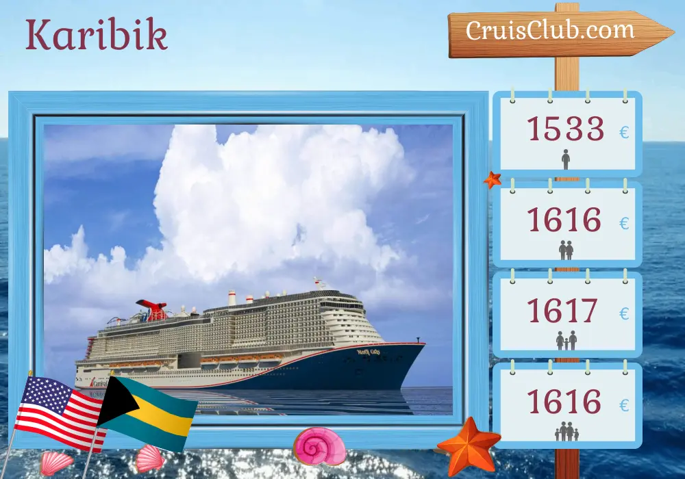 Kreuzfahrt in der Karibik ab Port Canaveral / Orlando an Bord des Schiffes Mardi Gras mit Besuchen in den USA und auf den Bahamas für 6 Tage