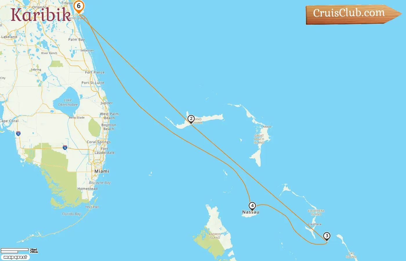 Kreuzfahrt in der Karibik ab Port Canaveral / Orlando an Bord des Schiffes Mardi Gras mit Besuchen in den USA und auf den Bahamas für 6 Tage