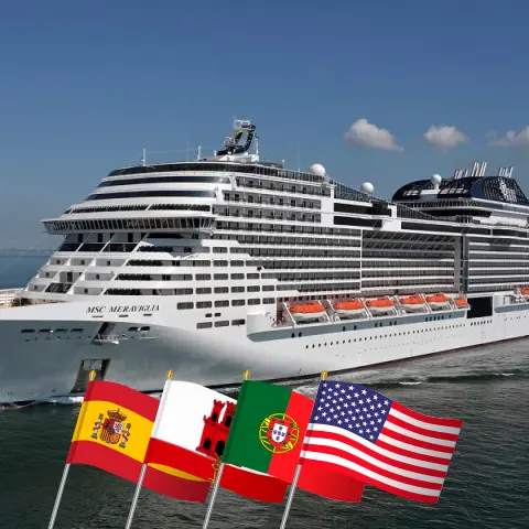 Kreuzfahrt über den Atlantik von Barcelona nach Miami an Bord des MSC Meraviglia Schiffes mit Stopps in Spanien, Gibraltar, Marokko, Portugal und den USA für 23 Tage