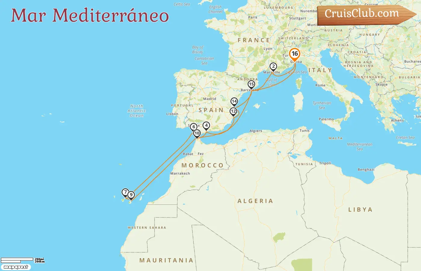 Crucero por el Mediterráneo desde Savona a bordo del barco Costa Toscana con visitas a Italia, Francia, España y Marruecos durante 16 días