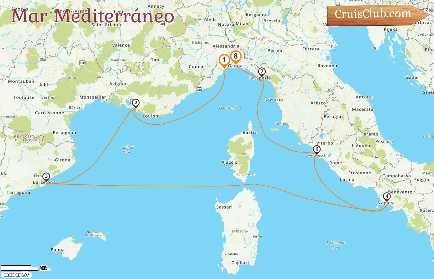 Crucero por el Mediterráneo de Savona a Génova a bordo del Costa Toscana con visitas a Italia, Francia y España durante 8 días