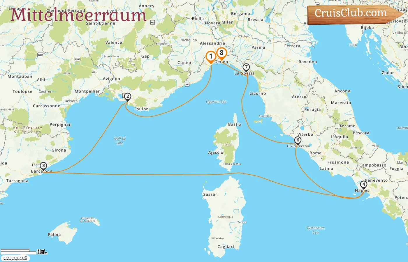 Kreuzfahrt im Mittelmeer von Savona nach Genua an Bord des Costa Toscana-Schiffs mit Besuchen in Italien, Frankreich und Spanien für 8 Tage