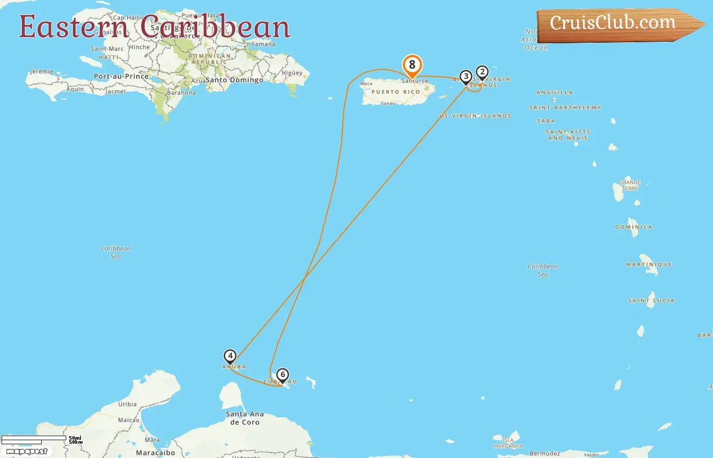 Cruise in the Eastern Caribbean from Saint John aboard Norwegian Prima ship with visits to Puerto Rico, British Virgin Islands, Aruba, and Curaçao for 8 days