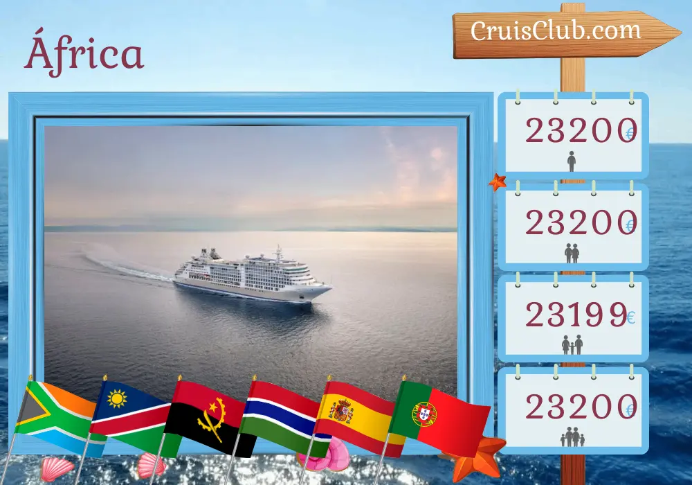 Cruzeiro na África de Cape Town a Lisboa a bordo do navio Silver Dawn com visitas à África do Sul, Namíbia, Angola, Gâmbia, Espanha e Portugal por 24 dias