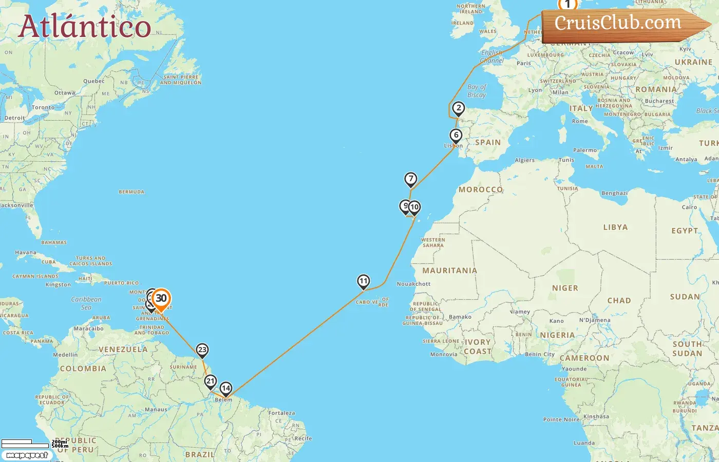 Crucero en el Transatlántico de Hamburgo a Bridgetown a bordo del barco Vasco da Gama con visitas a Alemania, España, Brasil, Guayana Francesa, San Vicente y las Granadinas, y Barbados por 30 días