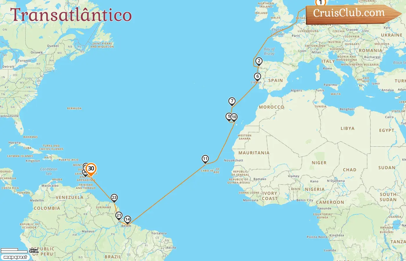Cruzeiro no Transatlântico de Hamburgo para Bridgetown a bordo do navio Vasco da Gama com visitas à Alemanha, Espanha, Brasil, Guiana Francesa, São Vicente e Granadinas e Barbados por 30 dias