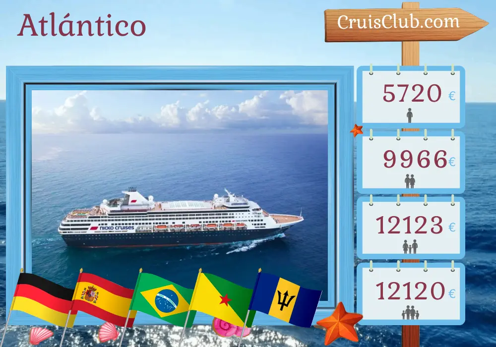 Crucero en el Transatlántico de Hamburgo a Bridgetown a bordo del barco Vasco da Gama con visitas a Alemania, España, Brasil, Guayana Francesa, San Vicente y las Granadinas, y Barbados por 30 días