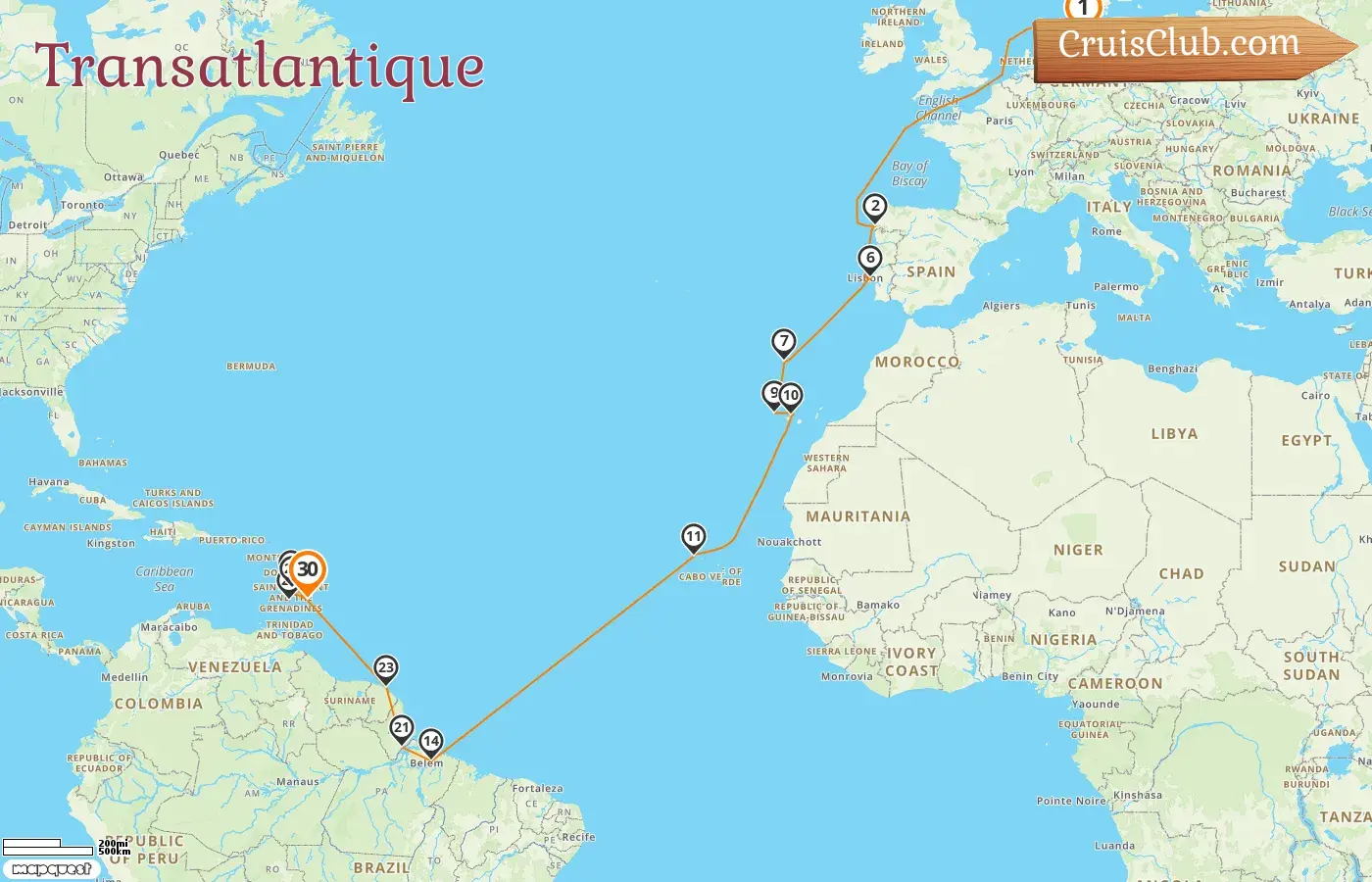 Croisière en Transatlantique de Hambourg à Bridgetown à bord du navire Vasco da Gama avec des escales en Allemagne, en Espagne, au Brésil, en Guyane française, à Saint-Vincent-et-les-Grenadines et à la Barbade pendant 30 jours
