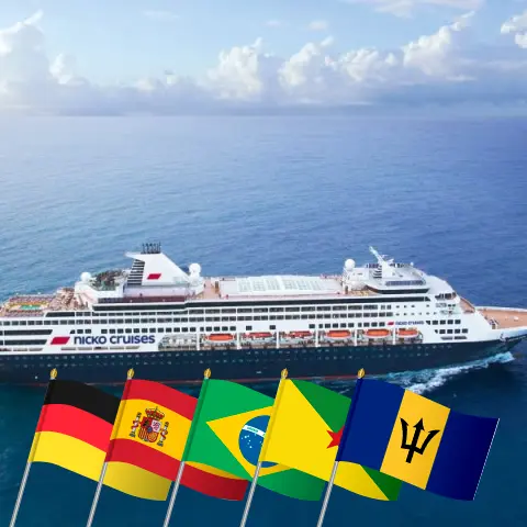 Kreuzfahrt über den Atlantik von Hamburg nach Bridgetown an Bord des Schiffes Vasco da Gama mit Stopps in Deutschland, Spanien, Brasilien, Französisch-Guayana, St. Vincent und den Grenadinen und Barbados für 30 Tage