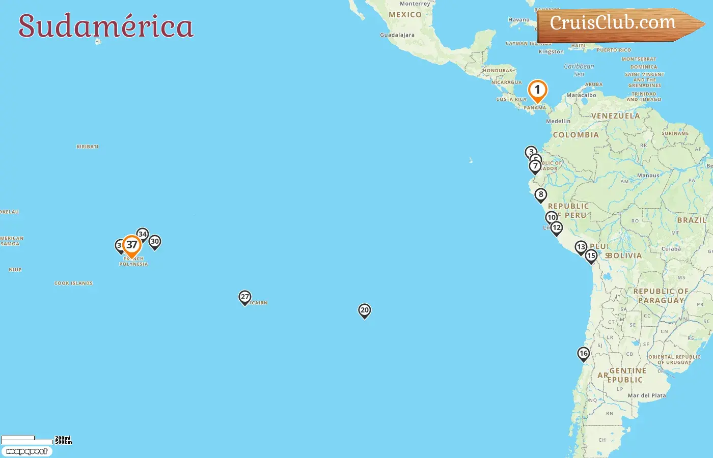 Crucero en Sudamérica de Ciudad de Panamá a Papeete a bordo del barco Vasco da Gama con visitas a Panamá, Ecuador, Perú, Chile, Pitcairn y Polinesia Francesa durante 37 días