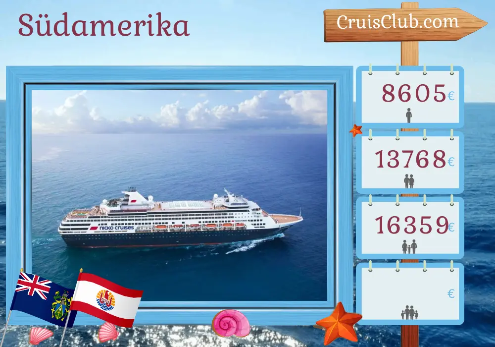 Kreuzfahrt in Südamerika von Panama City nach Papeete an Bord des Schiffes Vasco da Gama mit Besuchen in Panama, Ecuador, Peru, Chile, Pitcairn und Französisch-Polynesien für 37 Tage