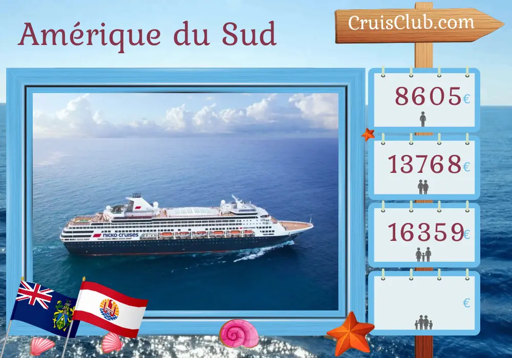Croisière en Amérique du Sud de Panama City à Papeete à bord du navire Vasco da Gama avec des visites à Panama, Équateur, Pérou, Chili, Pitcairn et en Polynésie française pendant 37 jours