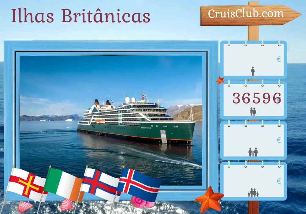 Cruzeiro nas Ilhas Britânicas de Greenwich a Reykjavik a bordo do navio Seabourn Venture com visitas a Guernesey, Irlanda, Ilha de Man, Ilhas Faroe e Islândia por 27 dias