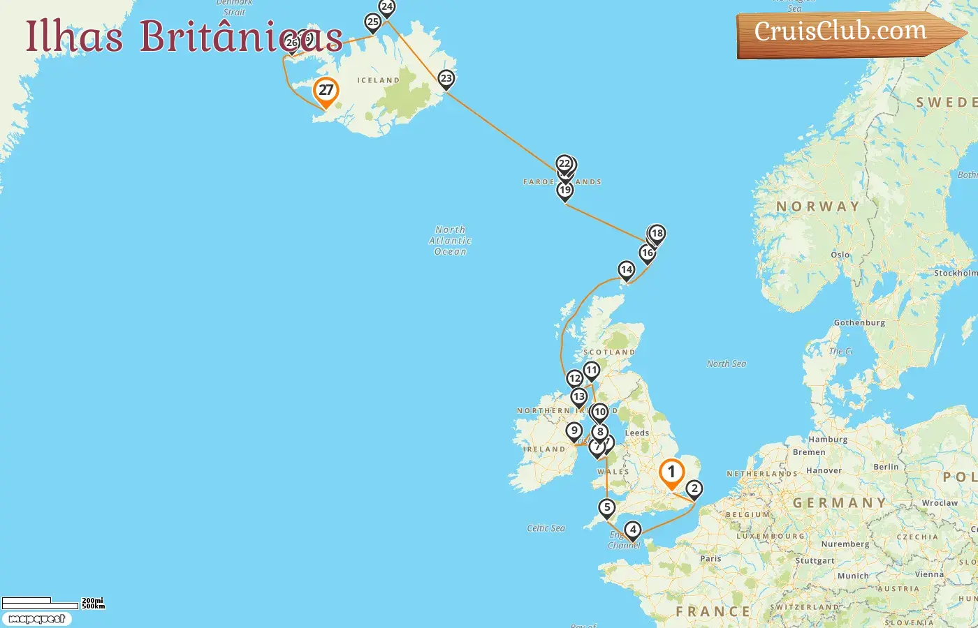 Cruzeiro nas Ilhas Britânicas de Greenwich a Reykjavik a bordo do navio Seabourn Venture com visitas a Guernesey, Irlanda, Ilha de Man, Ilhas Faroe e Islândia por 27 dias