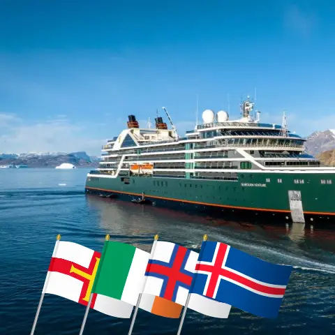 Croisière dans les îles britanniques de Greenwich à Reykjavik à bord du navire Seabourn Venture avec des visites à Guernesey, en Irlande, sur l`île de Man, aux îles Féroé et en Islande pendant 27 jours