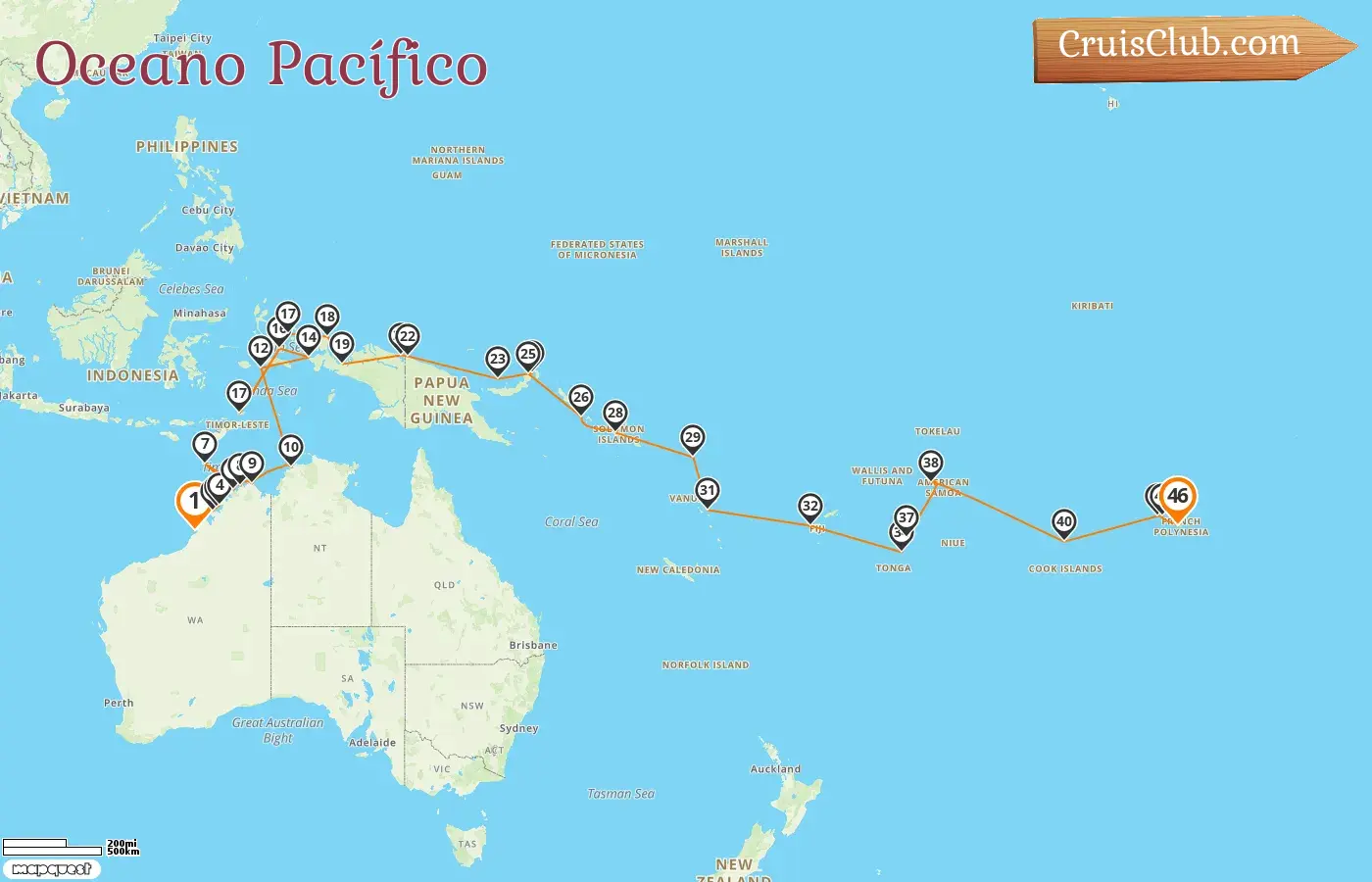 Cruzeiro no Sul do Pacífico de Broome a Papeete a bordo do navio Seabourn Pursuit com visitas à Austrália, Indonésia, Papua Nova Guiné, Vanuatu, Fiji, Tonga, Samoa, Ilhas Cook e Polinésia Francesa por 46 dias