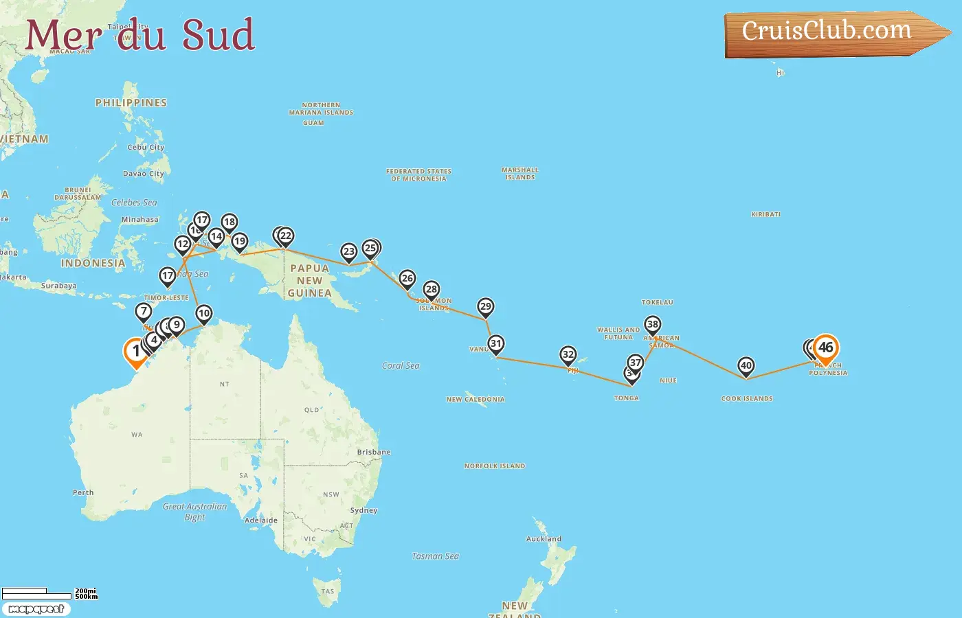 Croisière dans le Pacifique Sud de Broome à Papeete à bord du navire Seabourn Pursuit avec des visites en Australie, en Indonésie, en Papouasie-Nouvelle-Guinée, au Vanuatu, aux Fidji, aux Tonga, aux Samoa, aux îles Cook et en Polynésie française pendant 46 jours