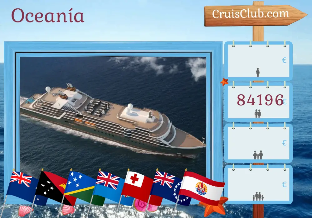 Crucero por el Pacífico Sur desde Broome hasta Papeete a bordo del barco Seabourn Pursuit con visitas a Australia, Indonesia, Papúa Nueva Guinea, Vanuatu, Fiji, Tonga, Samoa, Islas Cook y Polinesia Francesa durante 46 días