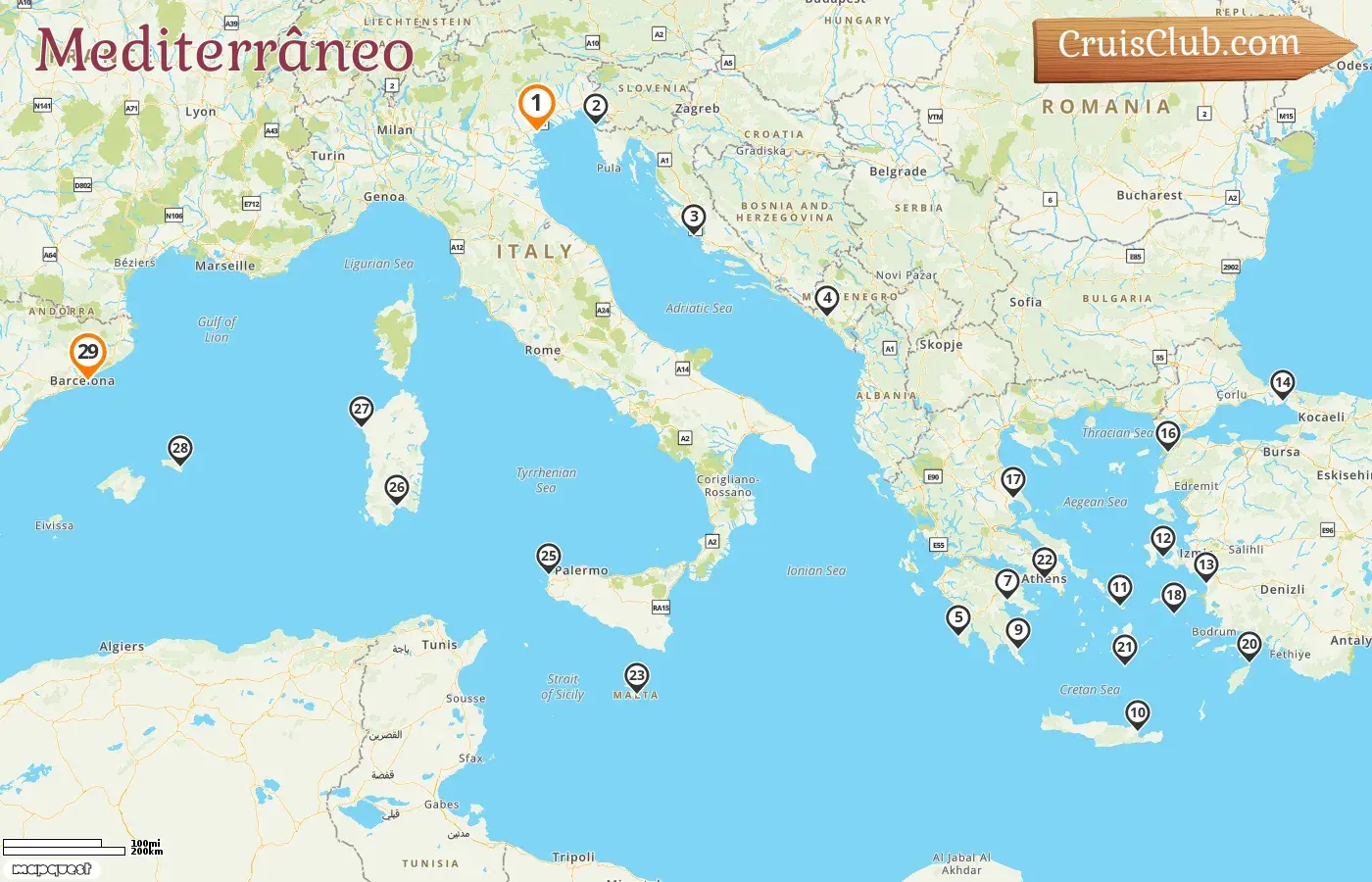Cruzeiro no Mediterrâneo de Fusina a Barcelona a bordo do navio Seabourn Ovation com visitas à Itália, Eslovênia, Croácia, Montenegro, Grécia, Turquia, Malta e Espanha por 29 dias