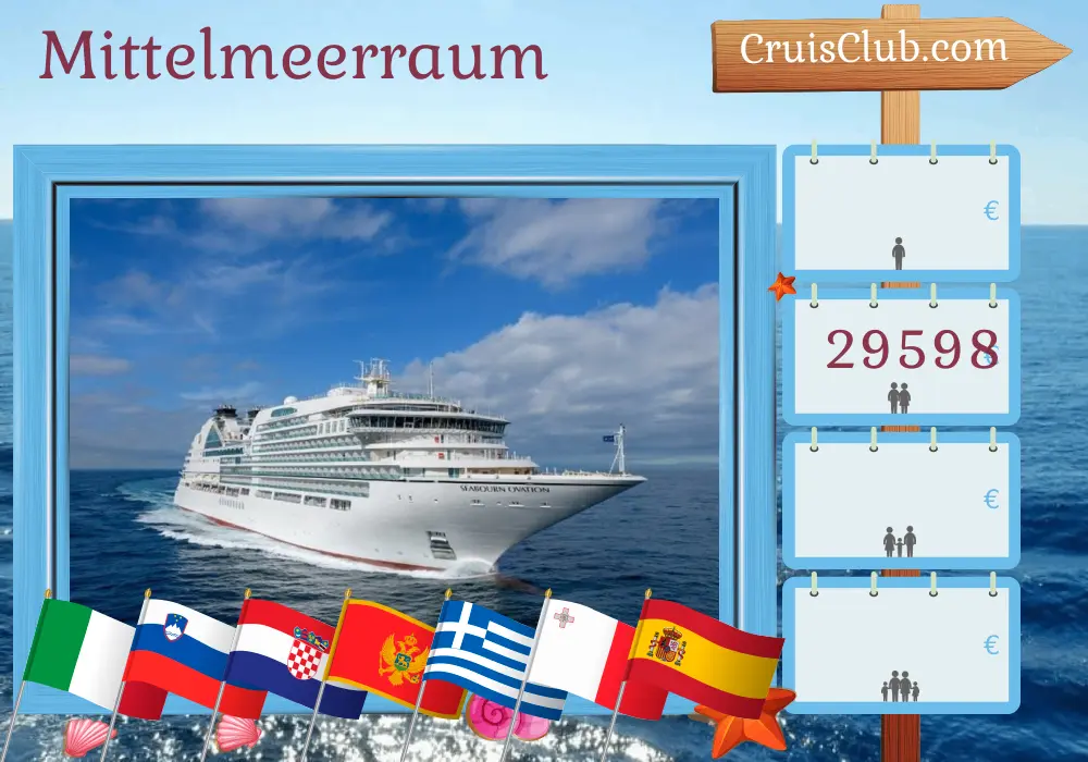 Kreuzfahrt im Mittelmeer von Fusina nach Barcelona an Bord des Schiffes Seabourn Ovation mit Besuchen in Italien, Slowenien, Kroatien, Montenegro, Griechenland, der Türkei, Malta und Spanien für 29 Tage