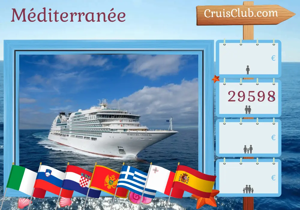 Croisière en Méditerranée de Fusina à Barcelone à bord du navire Seabourn Ovation avec des visites en Italie, en Slovénie, en Croatie, au Monténégro, en Grèce, en Turquie, à Malte et en Espagne pendant 29 jours