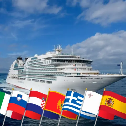 Kreuzfahrt im Mittelmeer von Fusina nach Barcelona an Bord des Schiffes Seabourn Ovation mit Besuchen in Italien, Slowenien, Kroatien, Montenegro, Griechenland, der Türkei, Malta und Spanien für 29 Tage