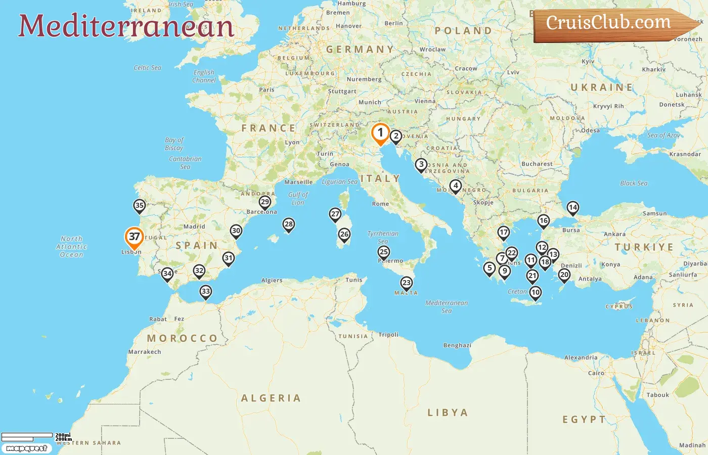 Cruise in the Mediterranean from Fusina to Lisbon aboard Seabourn Ovation ship with visits to Italy, Slovenia, Croatia, Montenegro, Greece, Turkey, Malta, and Spain for 37 days