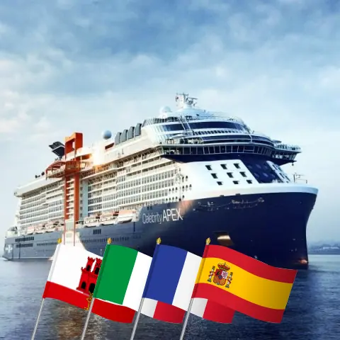 Kreuzfahrt im Mittelmeer ab Southampton an Bord des Celebrity Apex Schiffs mit Stopps in Gibraltar, Italien, Frankreich und Spanien für 15 Tage