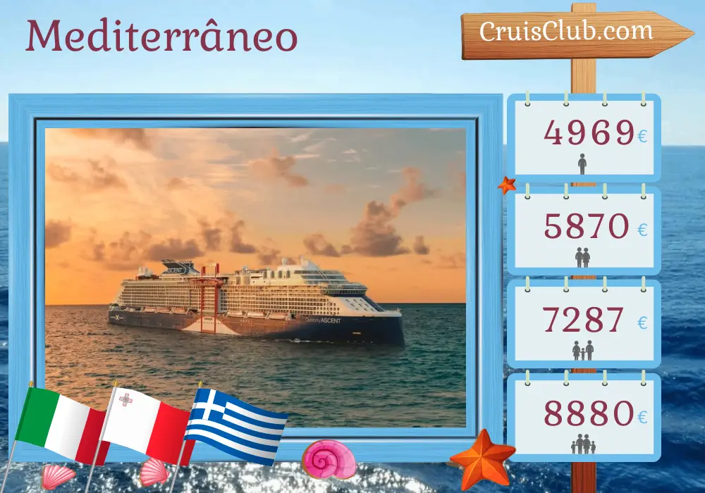 Cruzeiro no Mediterrâneo de Civitavecchia a bordo do navio Celebrity Ascent com visitas à Itália, Malta, Grécia e Turquia por 12 dias