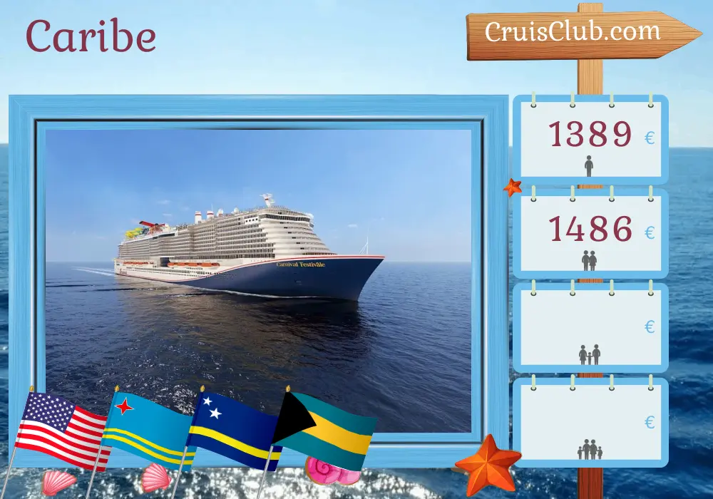Crucero en el Caribe desde Port Canaveral / Orlando a bordo del barco Carnival Festivale con visitas a EE. UU., Aruba, Curazao y Bahamas durante 9 días