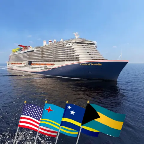 Kreuzfahrt in der Karibik von Port Canaveral/Orlando an Bord des Carnival Festivale-Schiffs mit Besuchen in den USA, Aruba, Curaçao und den Bahamas für 9 Tage