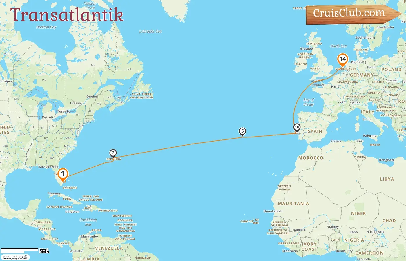 Kreuzfahrt auf dem Transatlantik von Fort Lauderdale nach Amsterdam an Bord des Schiffes Celebrity Eclipse mit Stopps in den USA, Bermuda, Portugal und den Niederlanden für 14 Tage