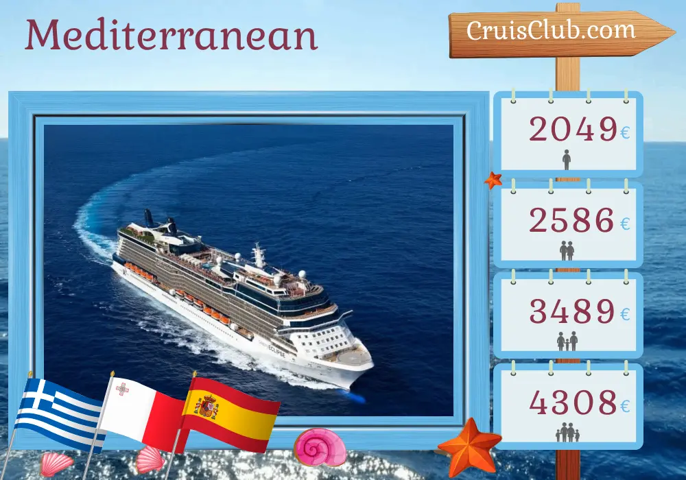 Cruise in the Mediterranean from Piraeus to Barcelona aboard Celebrity Eclipse ship with visits to Greece, Turkey, Malta, and Spain for 8 days