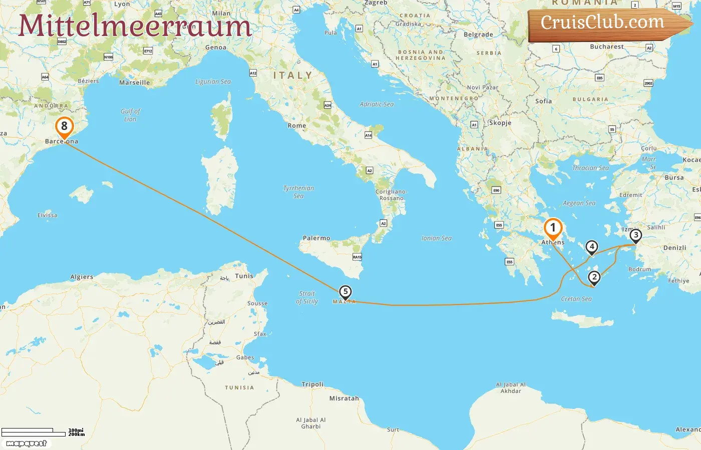 Kreuzfahrt im Mittelmeer von Piräus nach Barcelona an Bord des Schiffes Celebrity Eclipse mit Besuchen in Griechenland, der Türkei, Malta und Spanien für 8 Tage