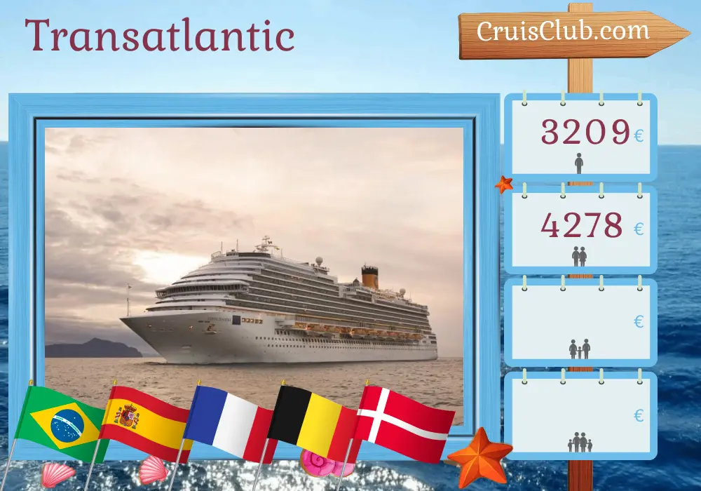 Cruise in the Transatlantic from Saints to Copenhagen aboard Costa Diadema ship with visits to Brazil, Spain, Morocco, France, Belgium, and Denmark for 28 days