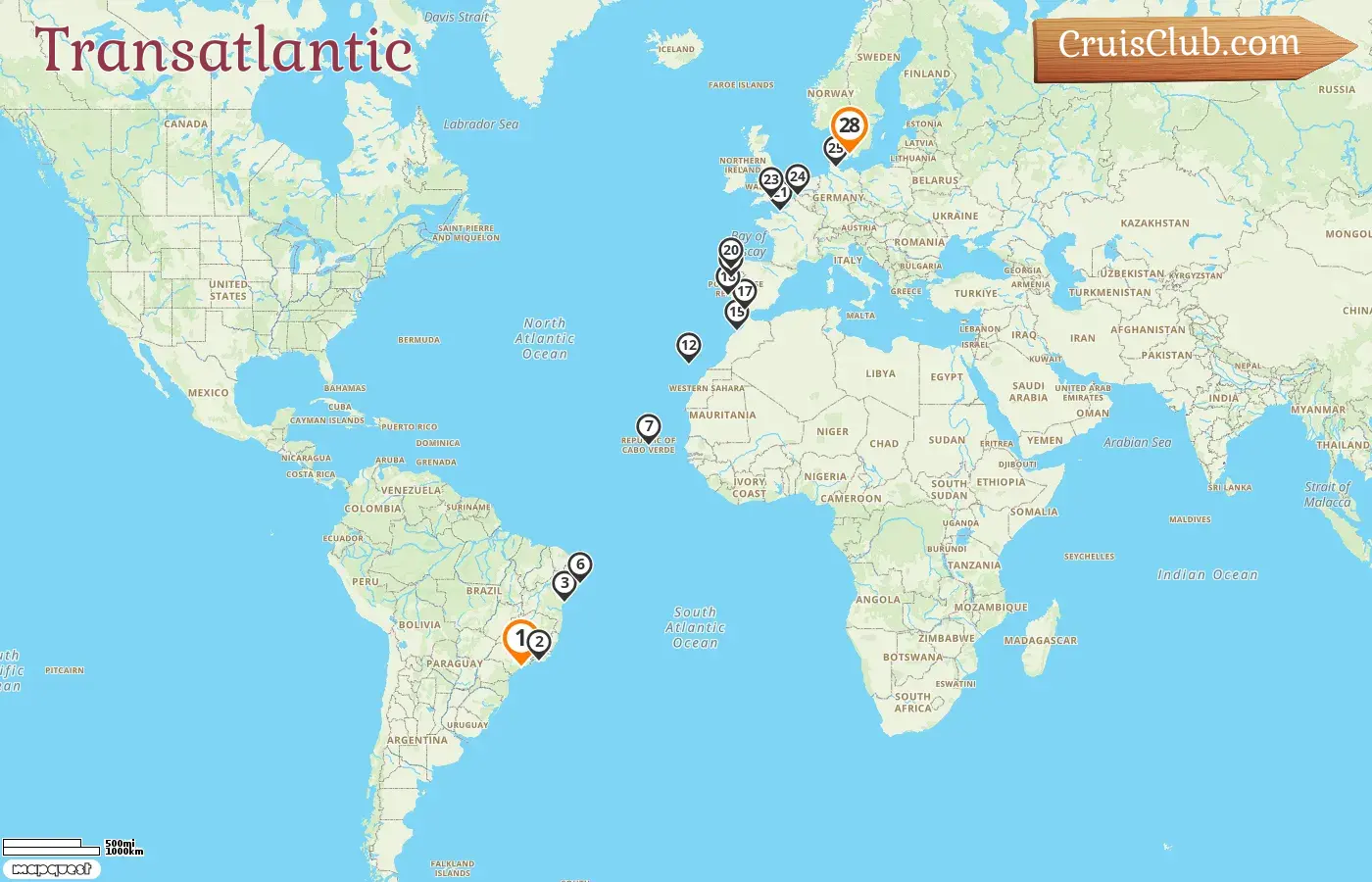 Cruise in the Transatlantic from Saints to Copenhagen aboard Costa Diadema ship with visits to Brazil, Spain, Morocco, France, Belgium, and Denmark for 28 days