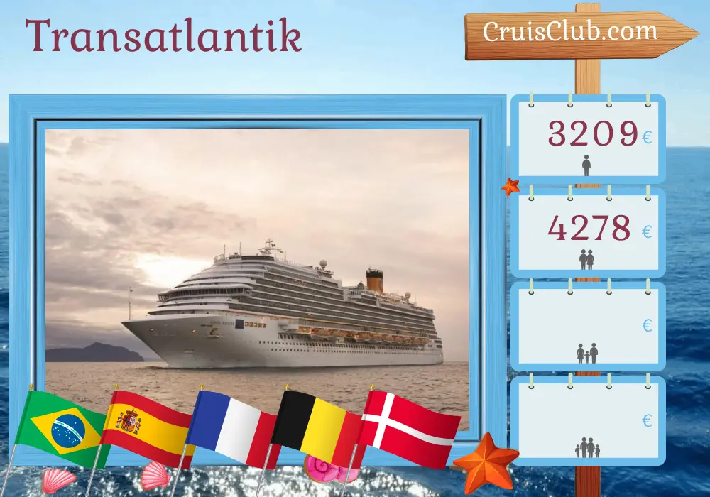 Kreuzfahrt über den Atlantik von Santos nach Kopenhagen an Bord des Schiffes Costa Diadema mit Stopps in Brasilien, Spanien, Marokko, Frankreich, Belgien und Dänemark für 28 Tage