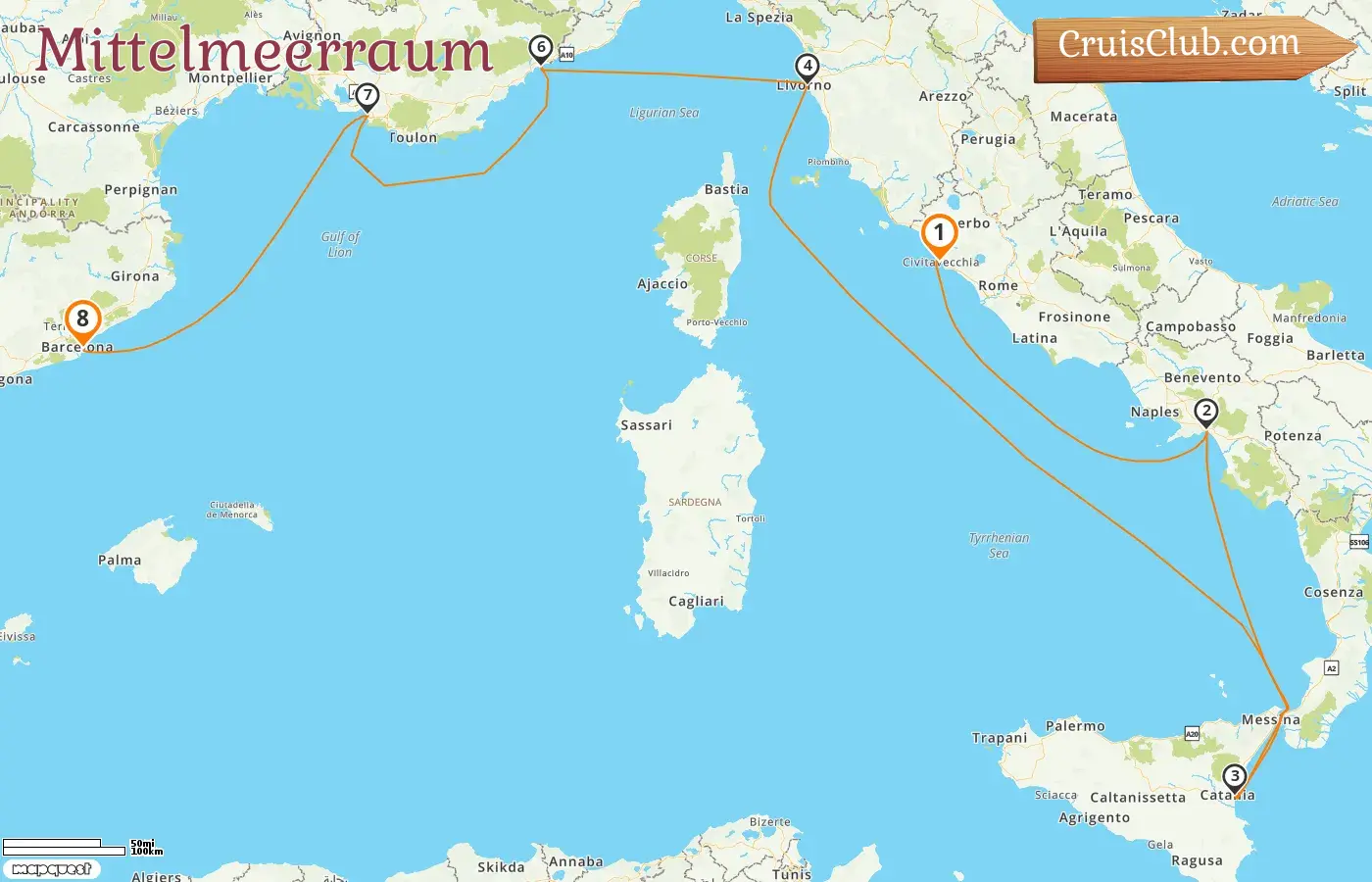 Kreuzfahrt im Mittelmeer von Civitavecchia nach Barcelona an Bord des Schiffes Norwegian Epic mit Besuchen in Italien, Frankreich und Spanien für 8 Tage