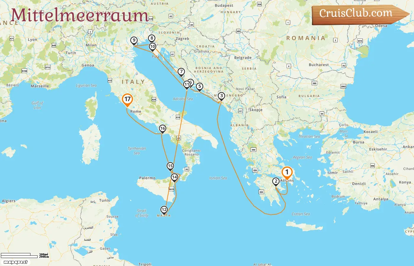 Kreuzfahrt im Mittelmeer von Piräus nach Civitavecchia an Bord des Schiffes Seabourn Ovation mit Stopps in Griechenland, Montenegro, Kroatien, Slowenien, Italien und Malta für 17 Tage
